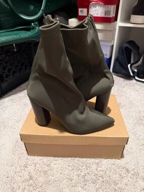 So Me Olive Pointed Toe Sock Booties with Block Heel